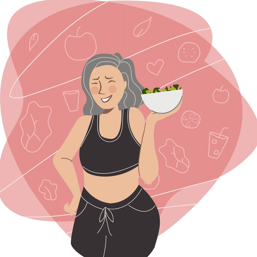 woman holding healthy vegetable bowl and feeling good about losing weight